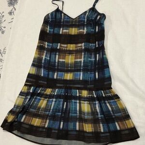 Trina Turk Blue, Black, and Brown Plaid Dress Sundress